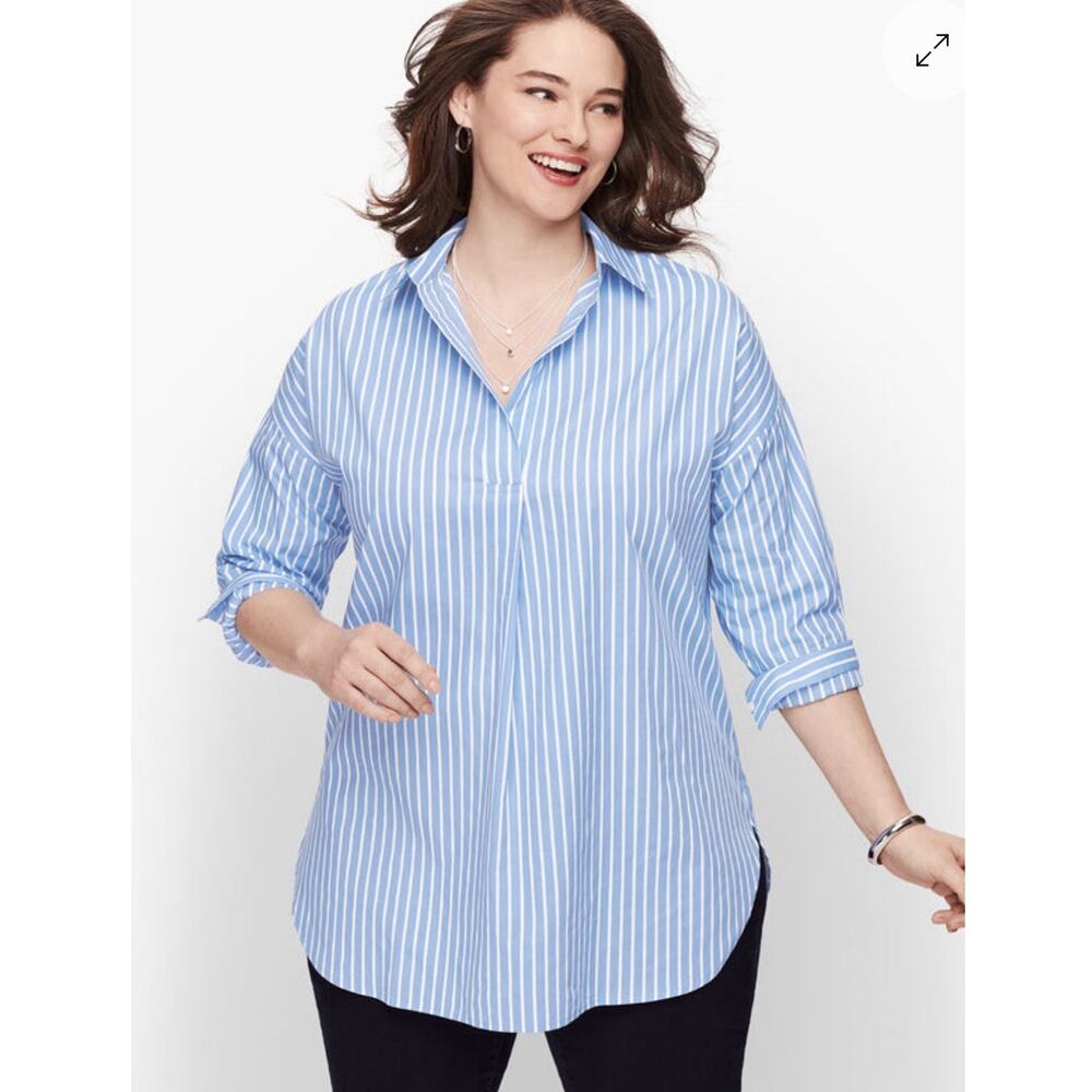 Talbots Poplin Popover Top XL Blue White Striped Cotton Long Sleeve Shirt